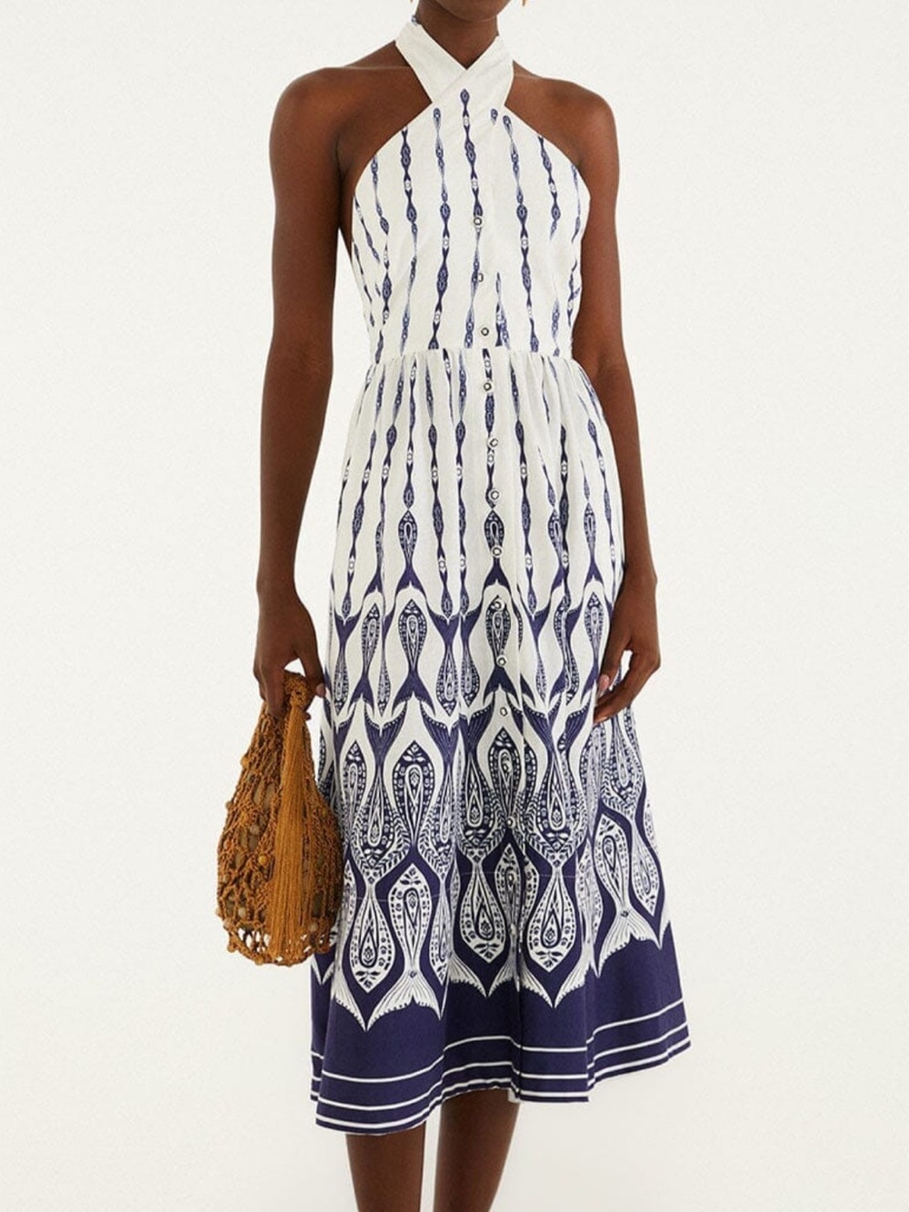 FARM Rio Fishes Flow Halter Neck Midi Dress Linen White Blue Women’s Size M